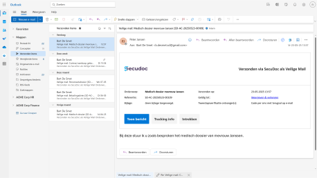 Na verzending van een Veilige Mail wordt deze indien gewenst opgeslagen in uw Verzonden-map met daarbij handige metadata.