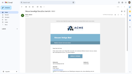 Uw ontvangers krijgen een aankondigingsmail voor een Veilige Mail vanuit uw mailadres en in uw huisstijl.