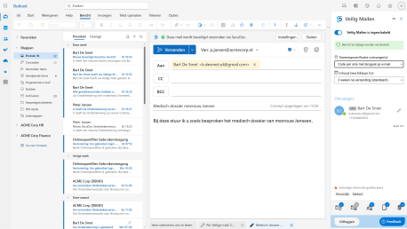 Wanneer u Veilig Mailen aanzet voor een e-mail kunt u direct kiezen hoe u de mail beveiligd en hoelang de informatie beschikbaar mag zijn voor de ontvanger.