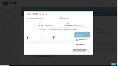 U kunt zelf met één druk op de knop een bestaande Veilige Mail conversatie vanuit Outlook of vanuit het SecuDoc-portaal raadplegen. Ook kunt u hier de volledige conversatie downloaden/exporteren.