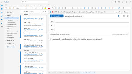 Veilig Mailen is actief als u Outlook start en waarschuwt u voor aanwezigheid van gevoelige informatie dankzij SID-AI.